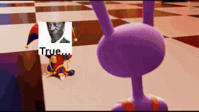 Scene from TADC 6, Pomni and the swear censor are replaced by the 'True' image, Jax kicks a block replaced by the 'False' image